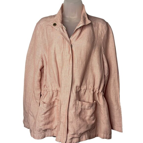 Caslon Linen Blend Red White Striped Cinch Waist Utility Jacket SZ LP Travel - Picture 1 of 12